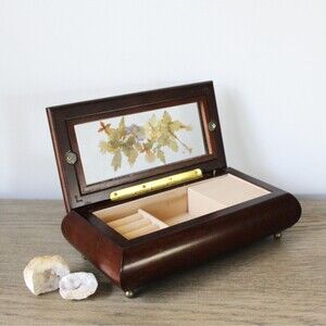 Vintage Bombay Co Wood Love Story Musical Jewelry Box Vanity Valet Trinket